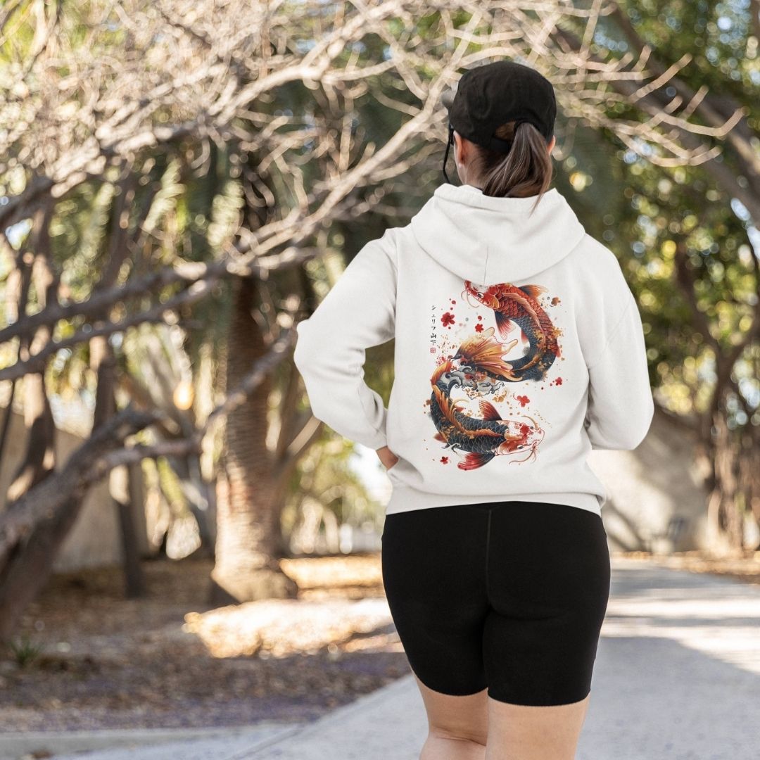 DANCING KOI – Visible Sign Hoodie (Unisex, Off-White, Backprint) | YAMASHITA