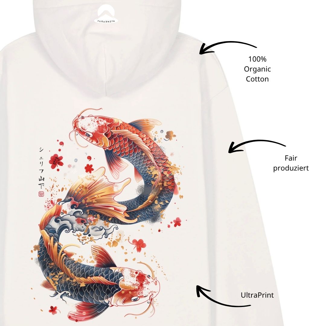 DANCING KOI – Visible Sign Hoodie (Unisex, Off-White, Backprint) | YAMASHITA