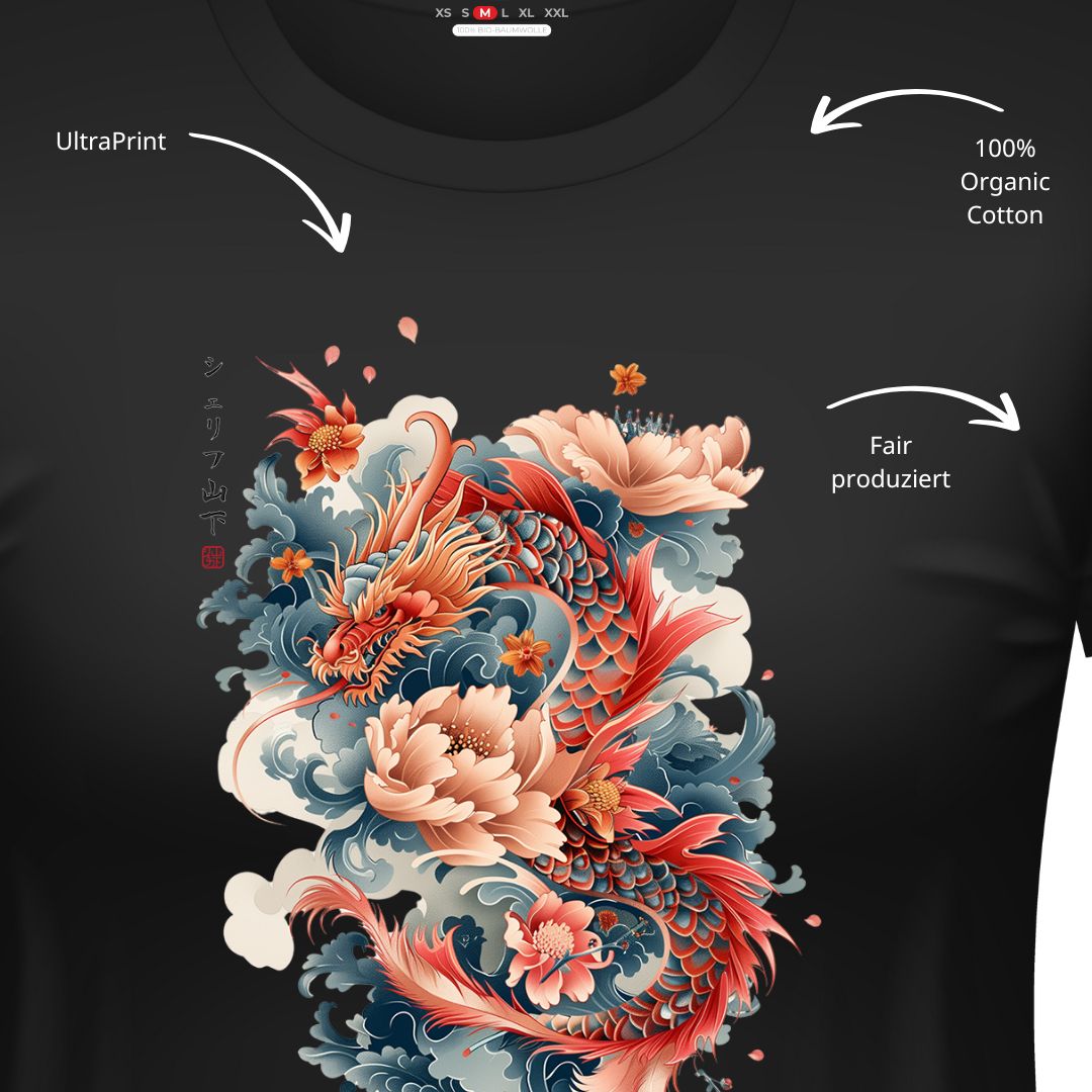 DRAGON & FLOWER – Visible Sign T-Shirt (Damen, Schwarz) | YAMASHITA