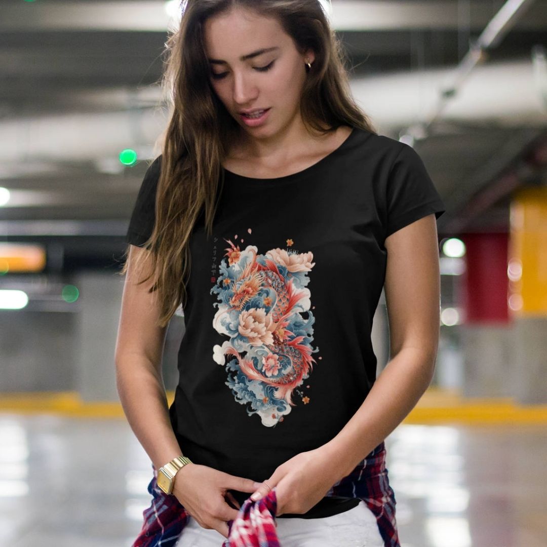 DRAGON & FLOWER – Visible Sign T-Shirt (Damen, Schwarz) | YAMASHITA