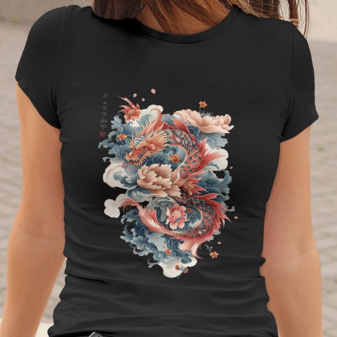 DRAGON & FLOWER – Visible Sign T-Shirt (Damen, Schwarz) | YAMASHITA