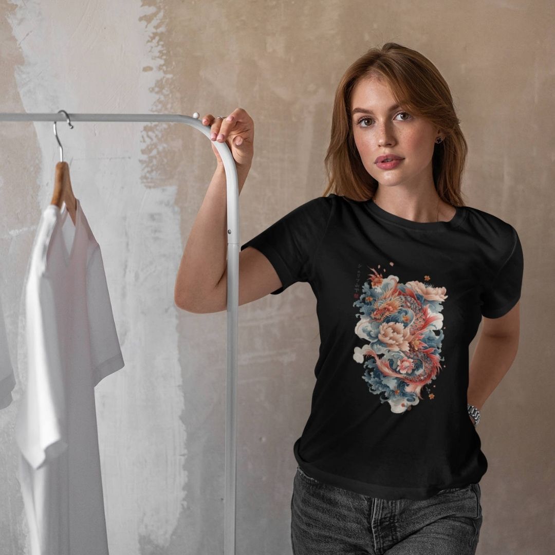 DRAGON & FLOWER – Visible Sign T-Shirt (Damen, Schwarz) | YAMASHITA