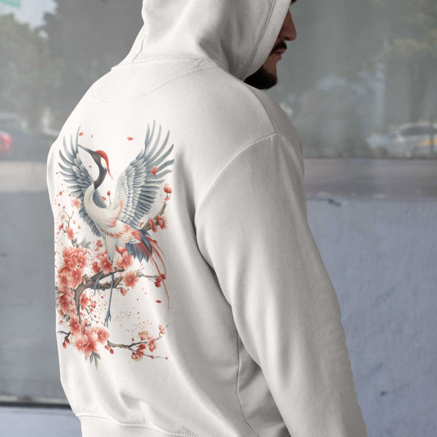 Japan Kranich Hoodie Unisex Damen Herren "Crane & Flower" im Tattoo-Style von YAMASHITA in off-white natur-weiss - Motiv hinten