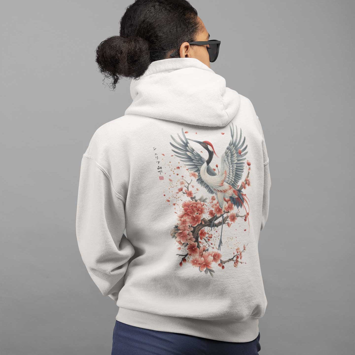 Japan Kranich Hoodie Unisex Damen Herren "Crane & Flower" im Tattoo-Style von YAMASHITA in off-white natur-weiss - Motiv hinten