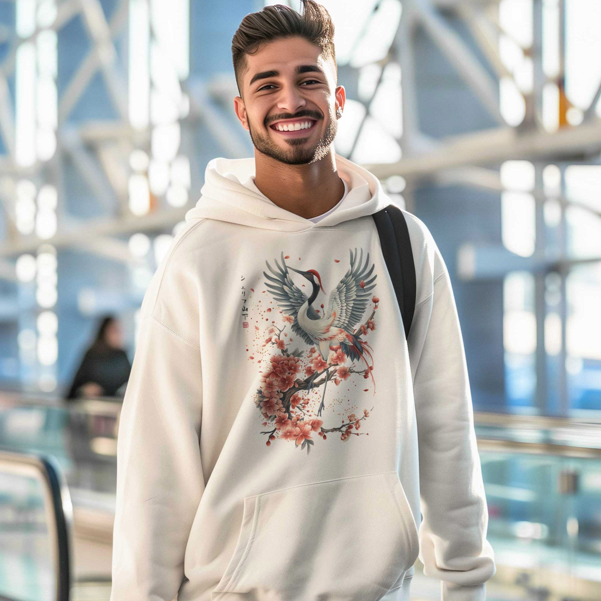 Japan Kranich Hoodie Unisex Damen Herren "Crane & Flower" im Tattoo-Style von YAMASHITA in off-white natur-weiss - Motiv vorne