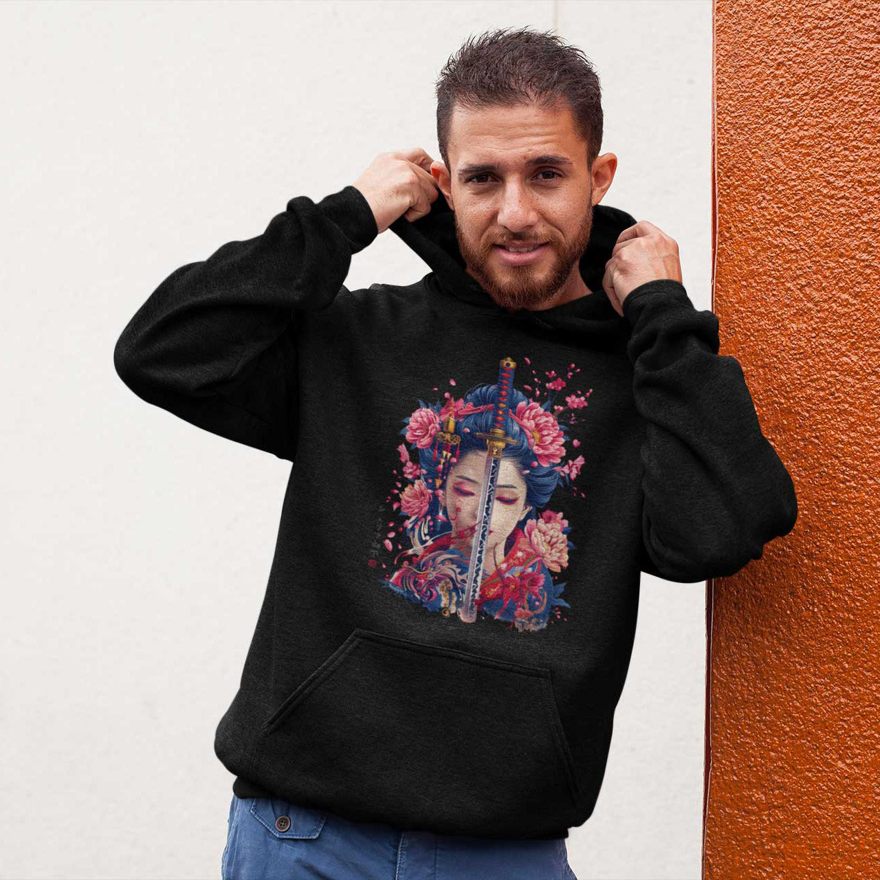Japan Geisha Katana Hoodie Unisex Damen Herren "Geisha & Sword" im Tattoo-Style von YAMASHITA in schwarz - Motiv hinten