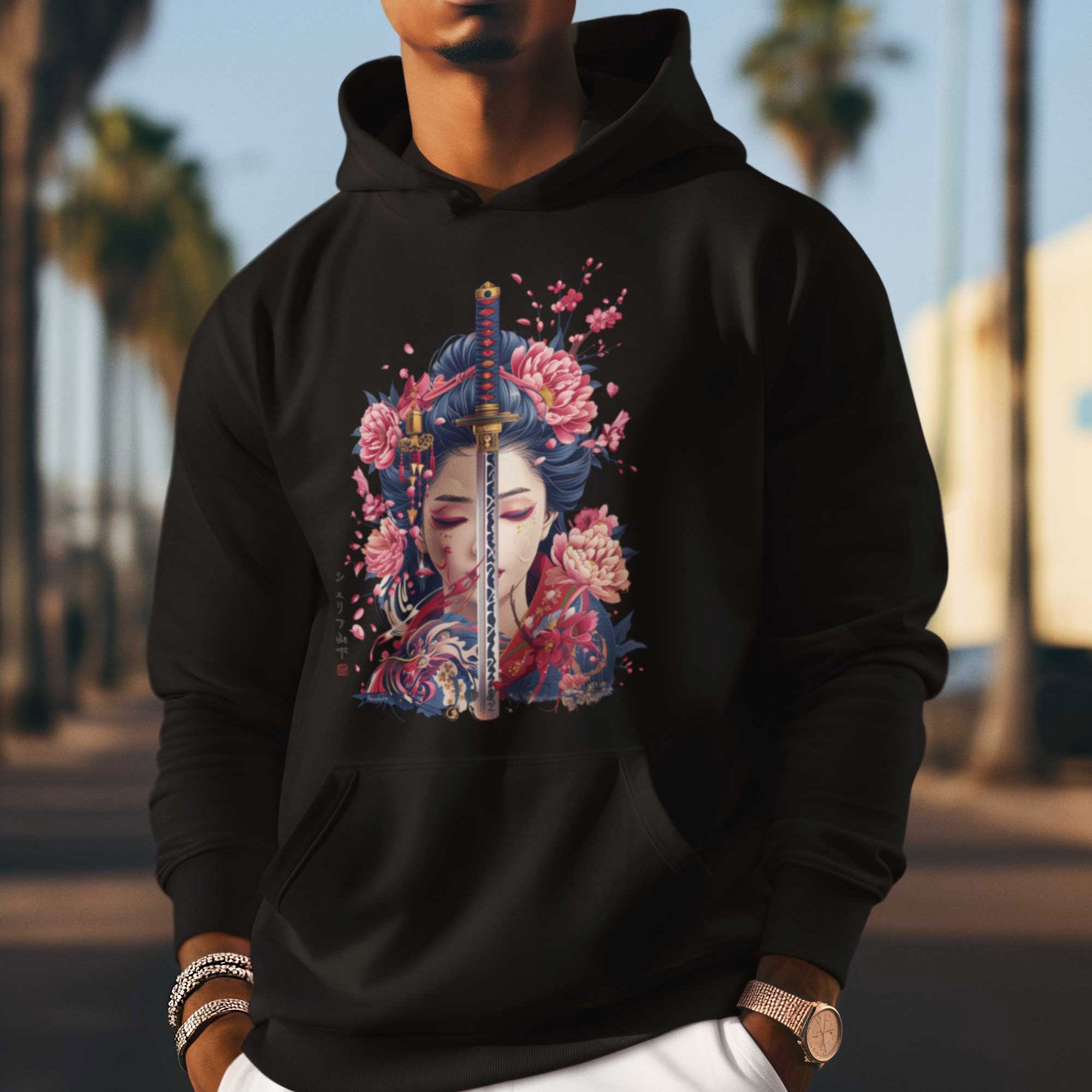 Japan Geisha Katana Hoodie Unisex Damen Herren "Geisha & Sword" im Tattoo-Style von YAMASHITA in schwarz - Motiv hinten