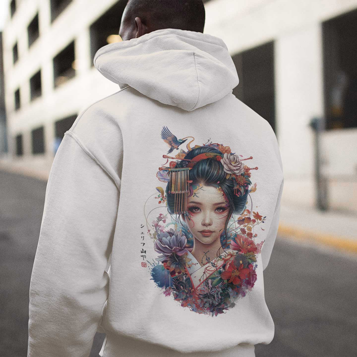 Japan Geisha Hoodie Unisex Damen Herren im Tattoo-Style von YAMASHITA in off-white natur-weiss - Motiv hinten