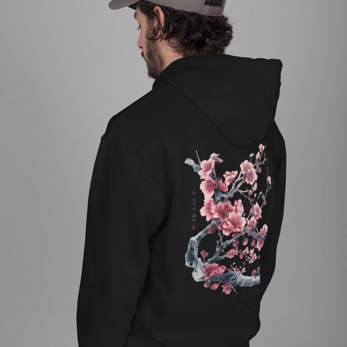 Japan Kirschblüten Hoodie Unisex Damen Herren "Cherry Blossom - Sakura" im Tattoo-Style von YAMASHITA in schwarz - Motiv hinten