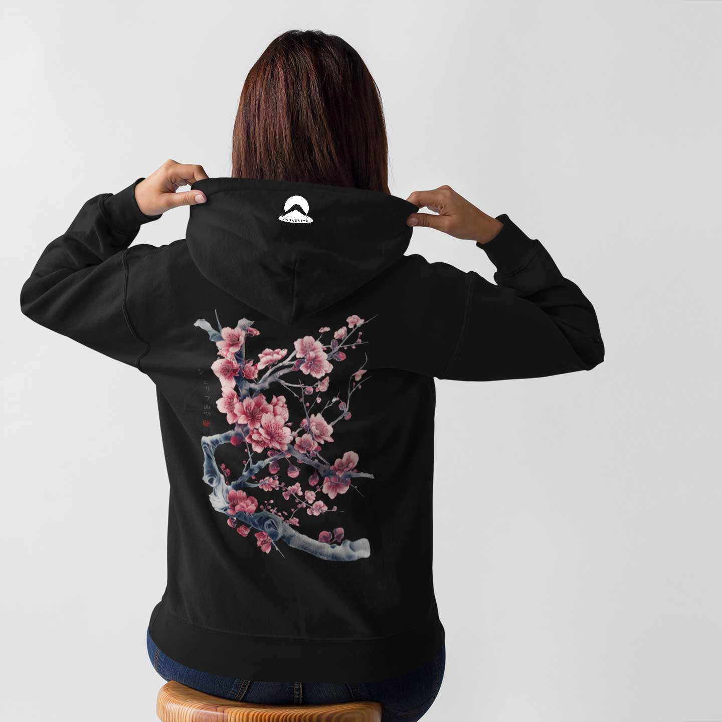 Japan Kirschblüten Hoodie Unisex Damen Herren "Cherry Blossom - Sakura" im Tattoo-Style von YAMASHITA in schwarz - Motiv hinten