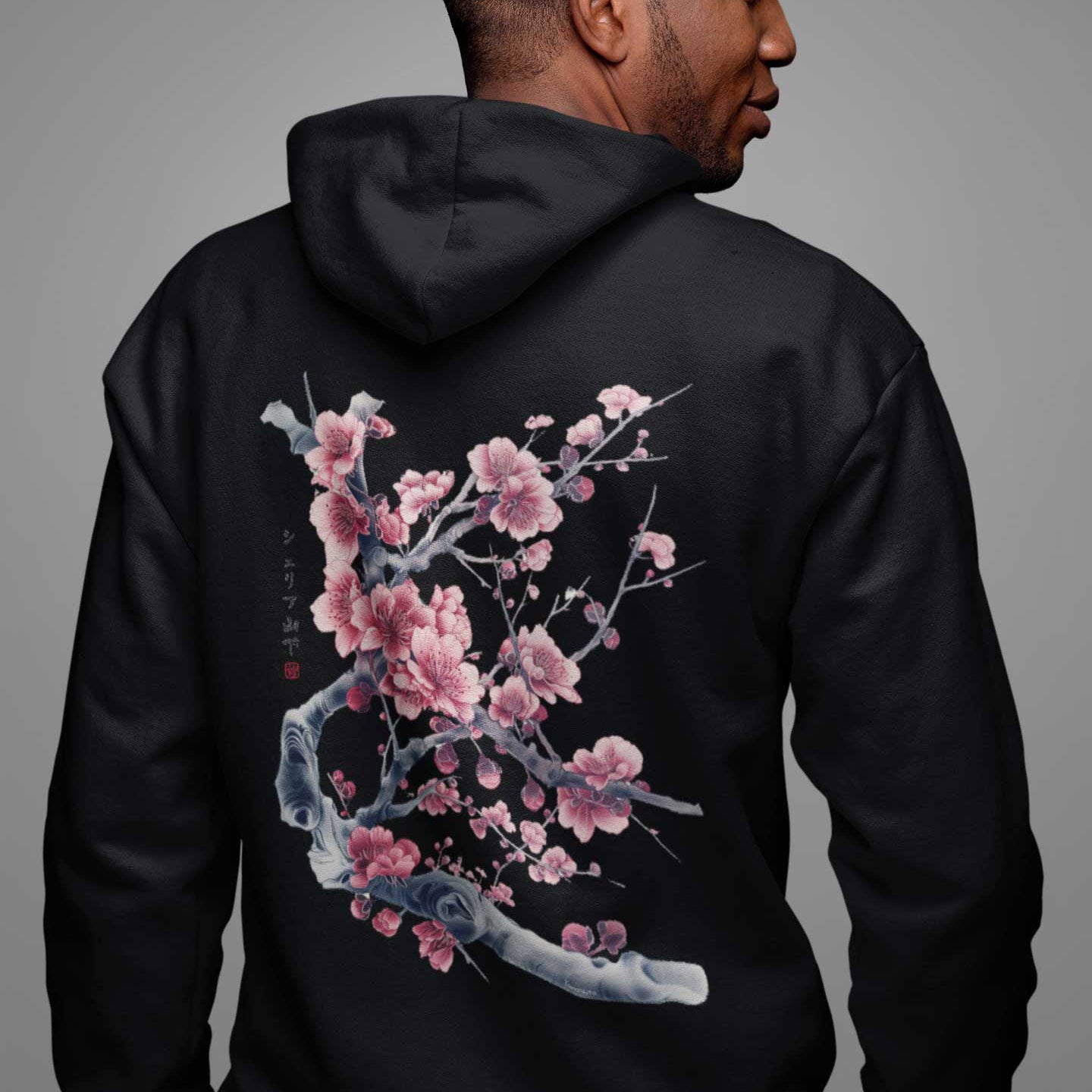 Japan Kirschblüten Hoodie Unisex Damen Herren "Cherry Blossom - Sakura" im Tattoo-Style von YAMASHITA in schwarz - Motiv hinten