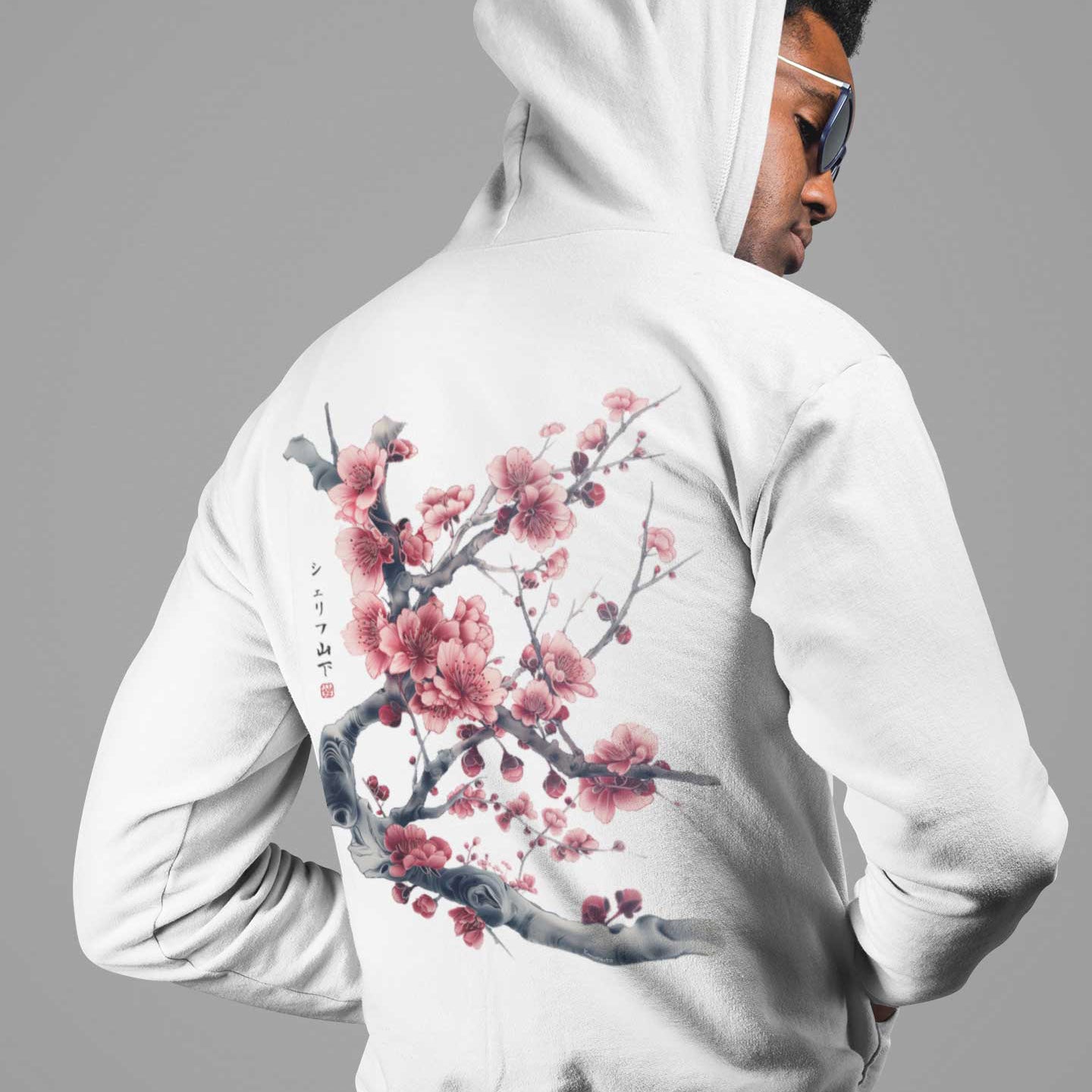 Japan Kirschblüten Hoodie Unisex Damen Herren "Cherry Blossom - Sakura"  im Tattoo-Style von YAMASHITA in off-white natur-weiss - Motiv hinten