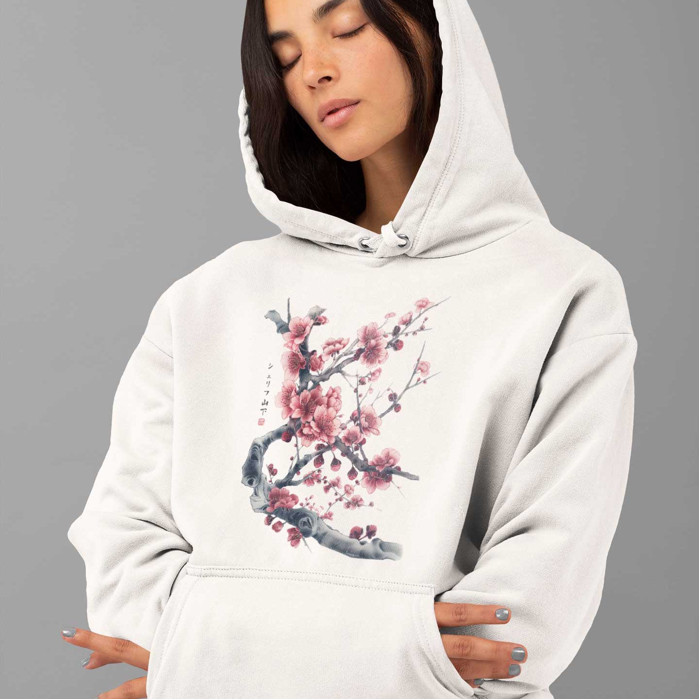 Japan Kirschblüten Premium Hoodie Unisex Damen Herren "Cherry Blossom - Sakura" im Tattoo-Style von YAMASHITA in off-white natur-weiss - Motiv vorne