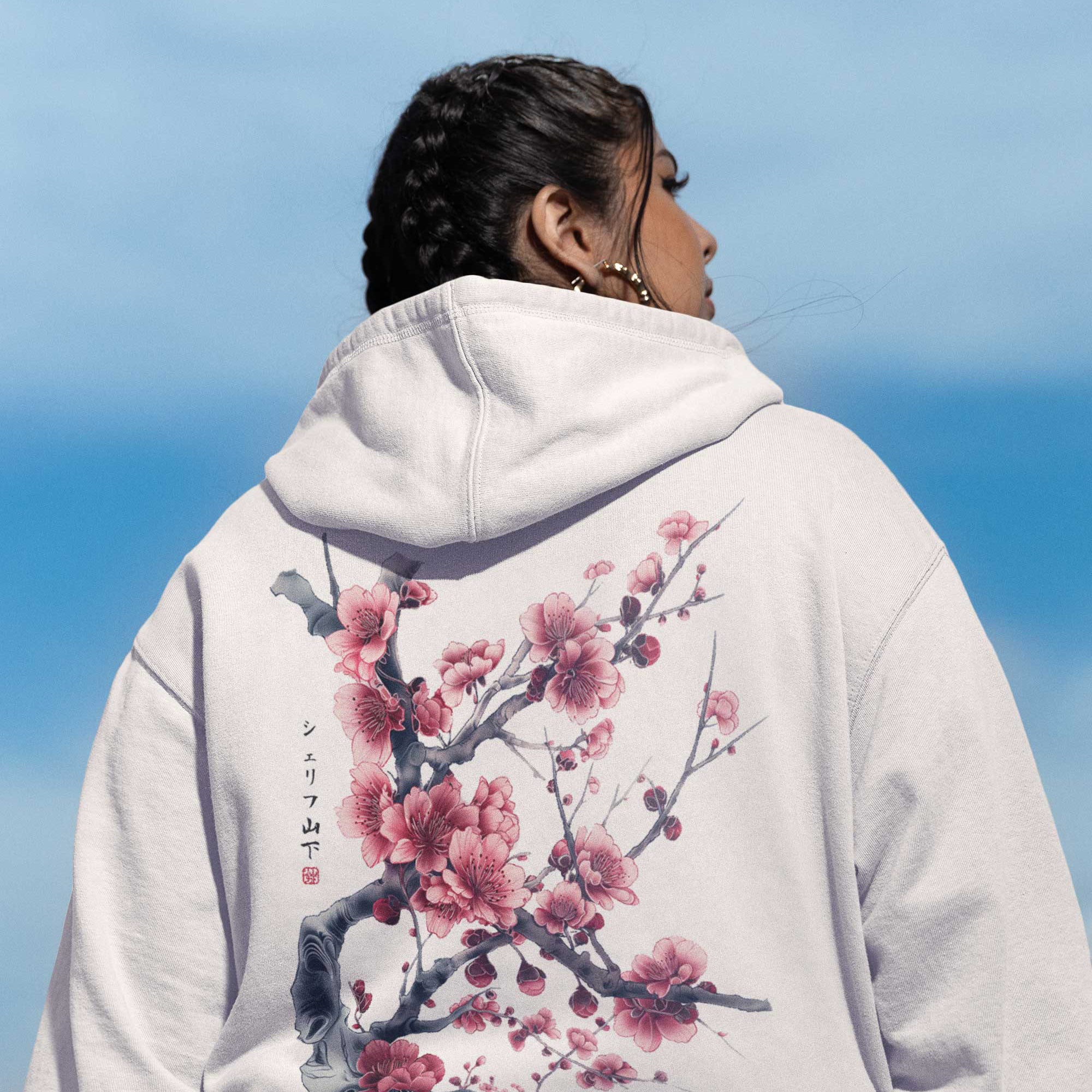 Japan Kirschblüten Hoodie Unisex Damen Herren "Cherry Blossom - Sakura"  im Tattoo-Style von YAMASHITA in off-white natur-weiss - Motiv hinten