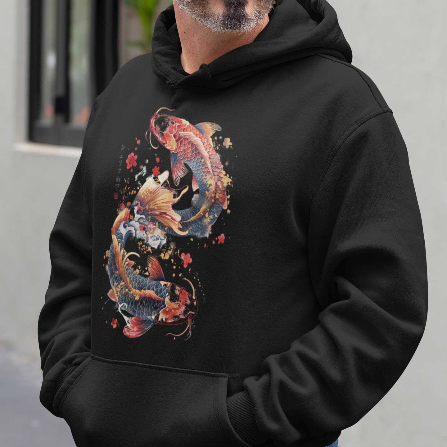 Japan Koi Hoodie Unisex Damen Herren "Dancing Koi"  im Tattoo-Style von YAMASHITA in schwarz - Motiv vorne