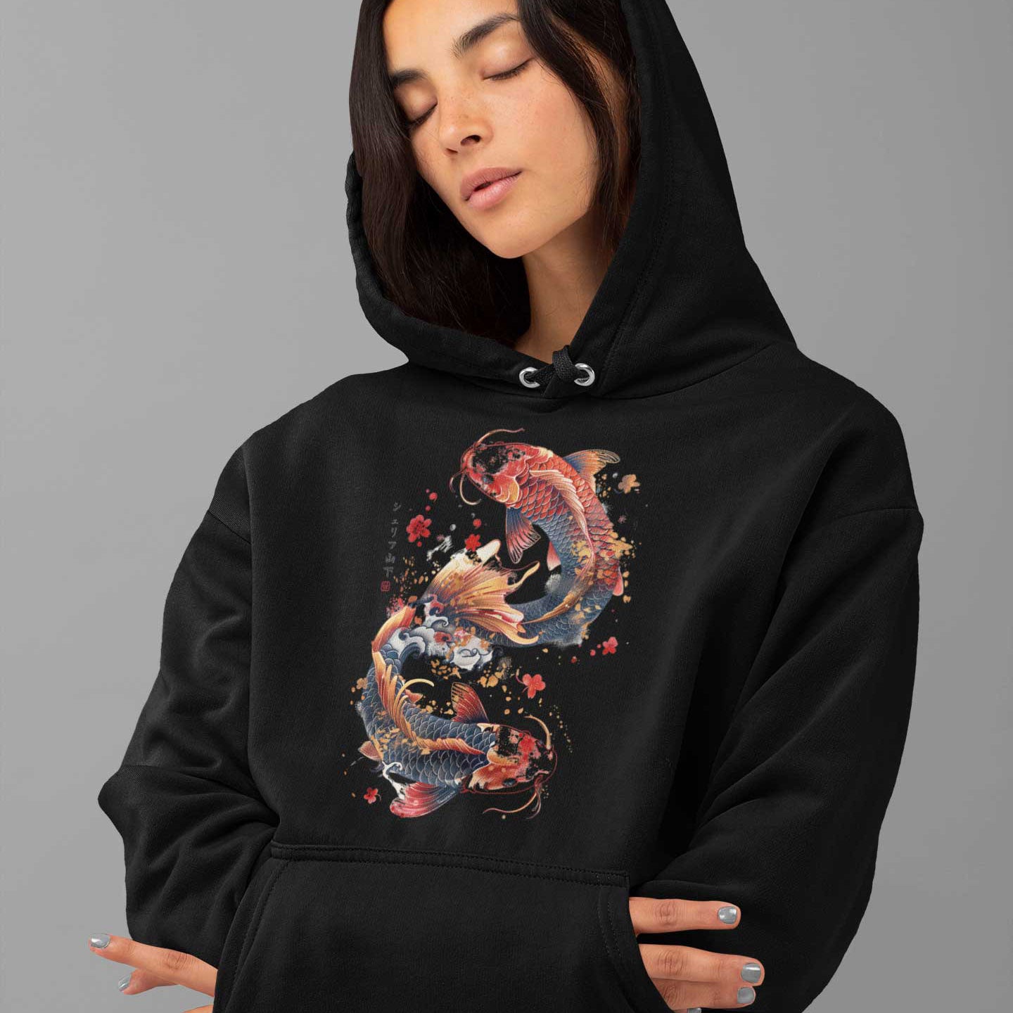 Japan Koi Hoodie Unisex Damen Herren "Dancing Koi"  im Tattoo-Style von YAMASHITA in schwarz - Motiv vorne