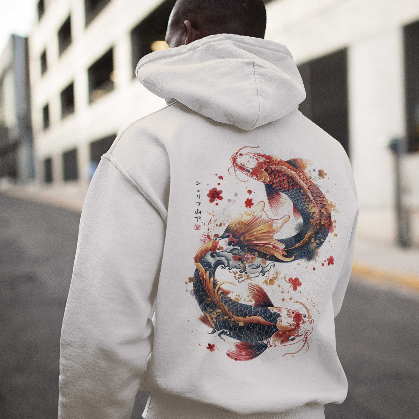 Japan Koi Hoodie Unisex Damen Herren "Dancing Koi"  im Tattoo-Style von YAMASHITA in off-white natur-weiss - Motiv hinten