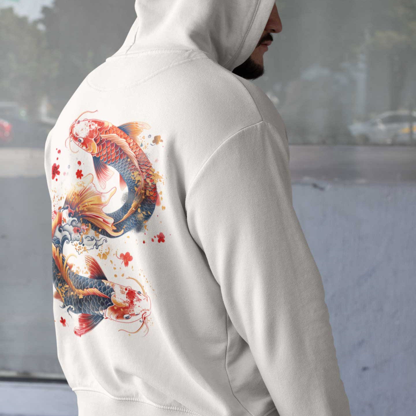 Japan Koi Hoodie Unisex Damen Herren "Dancing Koi"  im Tattoo-Style von YAMASHITA in off-white natur-weiss - Motiv hinten