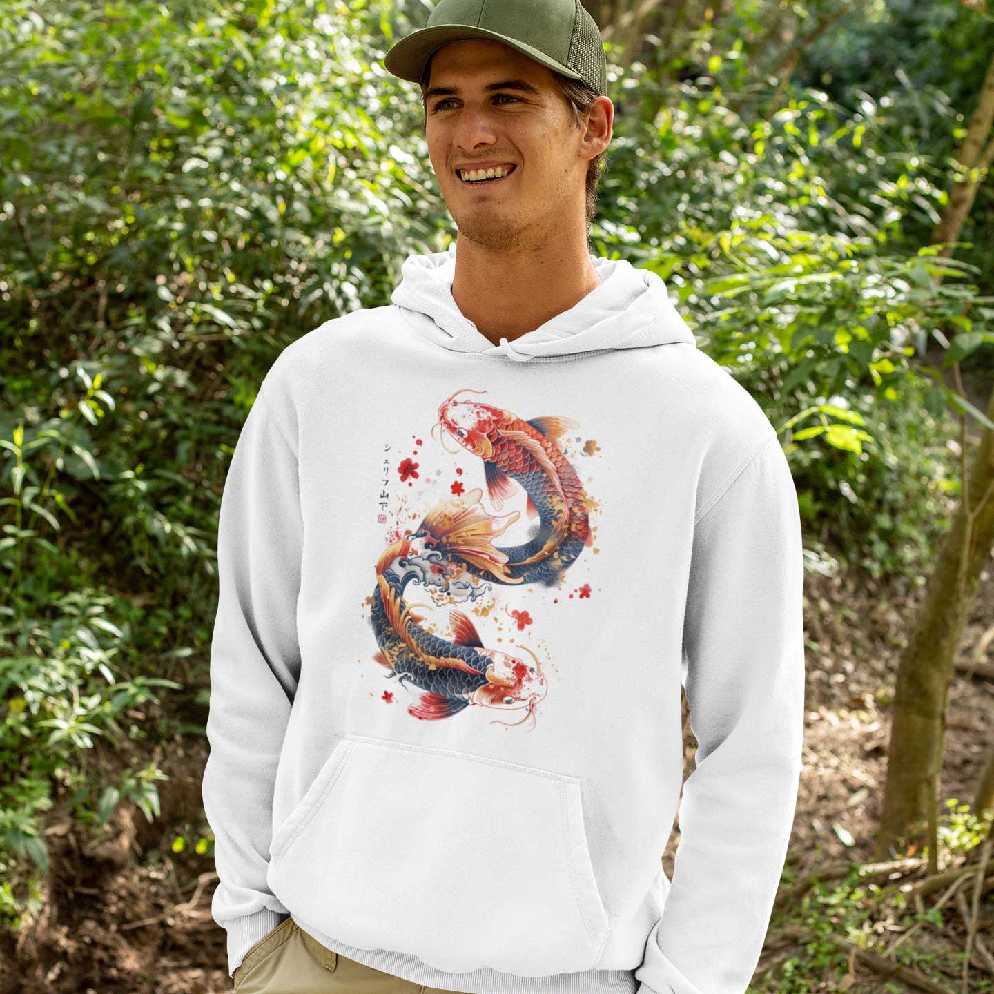 Japan Koi Premium Hoodie Unisex Damen Herren "Dancing Koi"  im Tattoo-Style von YAMASHITA in off-white natur-weiss - Motiv vorne