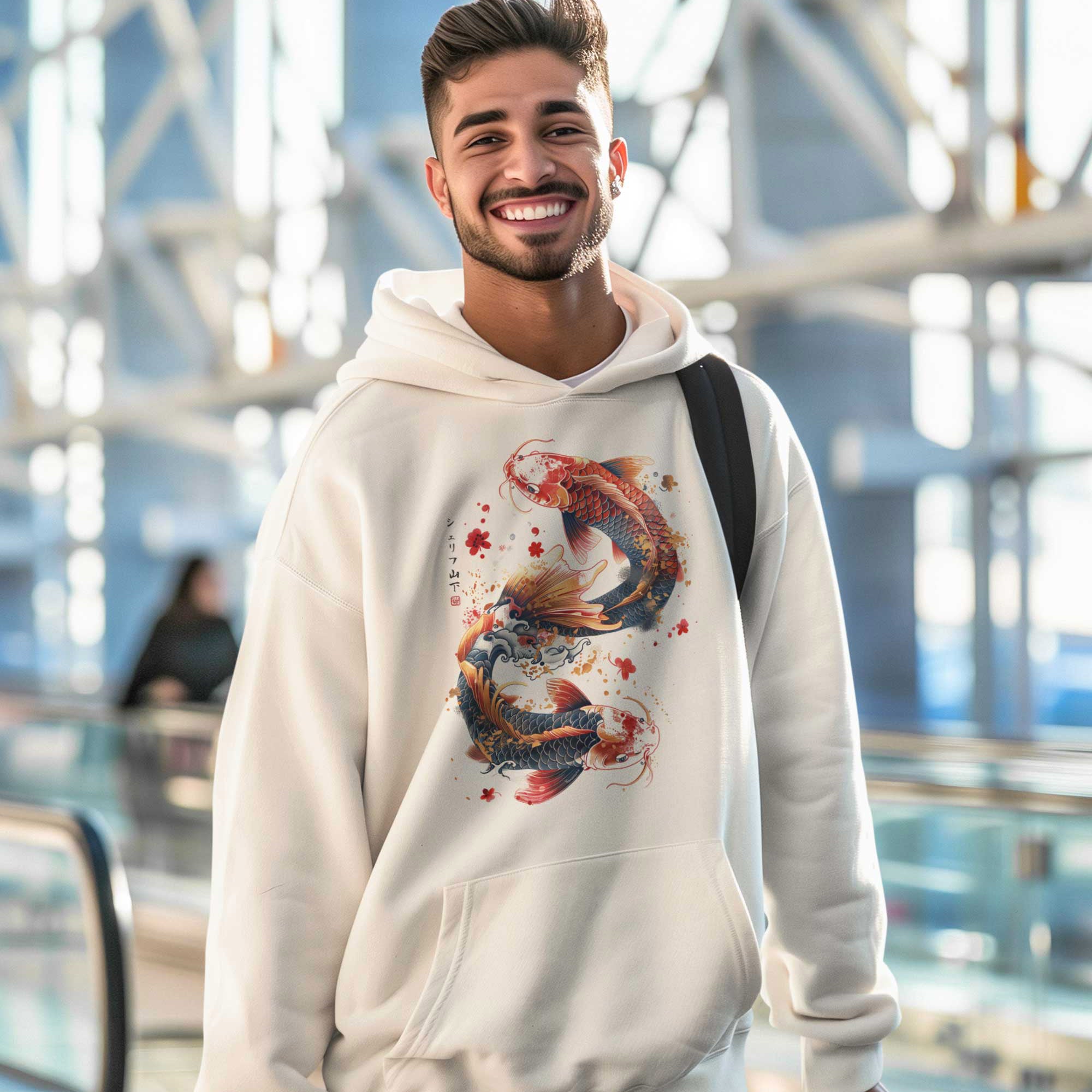 Japan Koi Premium Hoodie Unisex Damen Herren "Dancing Koi"  im Tattoo-Style von YAMASHITA in off-white natur-weiss - Motiv vorne