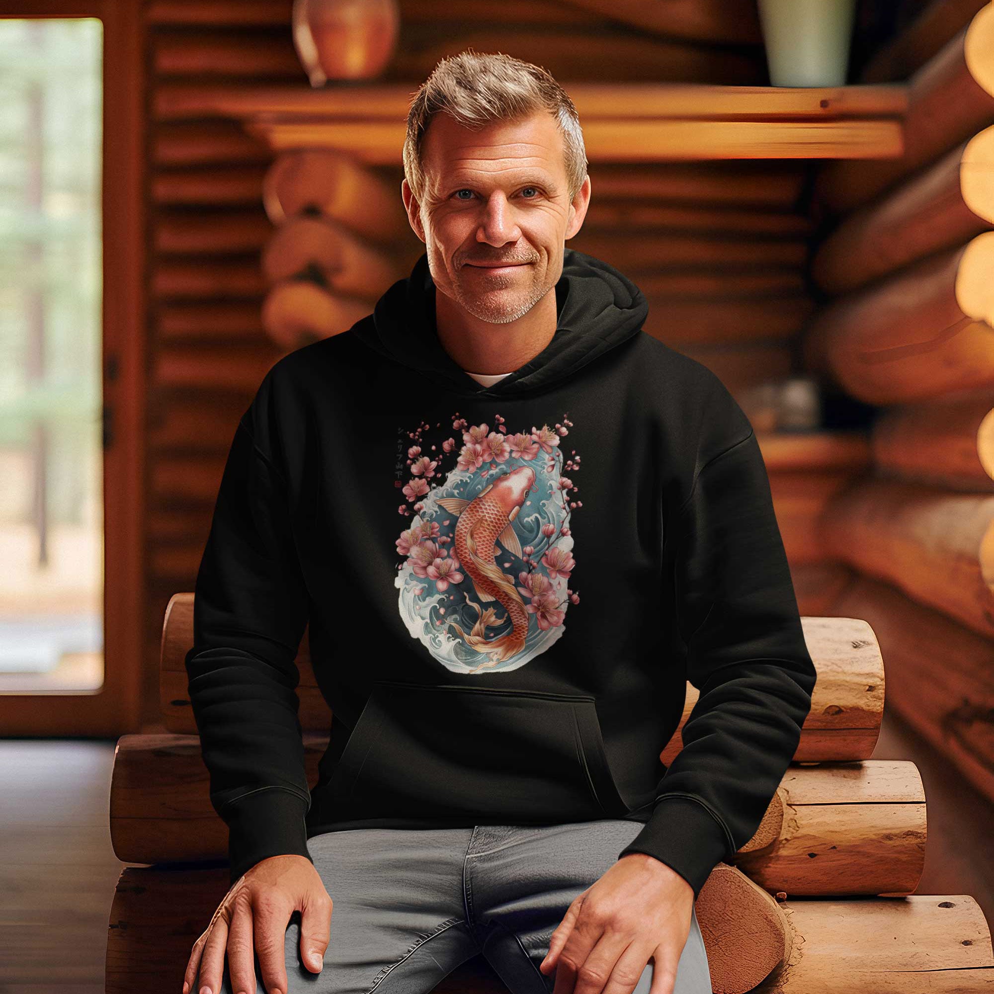 Japan Koi Premium Hoodie Unisex Damen Herren im Tattoo-Style von YAMASHITA in schwarz - Motiv vorne