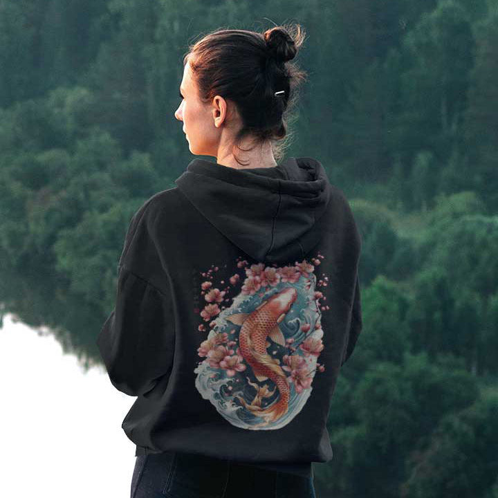 Japan Koi Hoodie Unisex Damen Herren im Tattoo-Style von YAMASHITA in schwarz - Motiv hinten