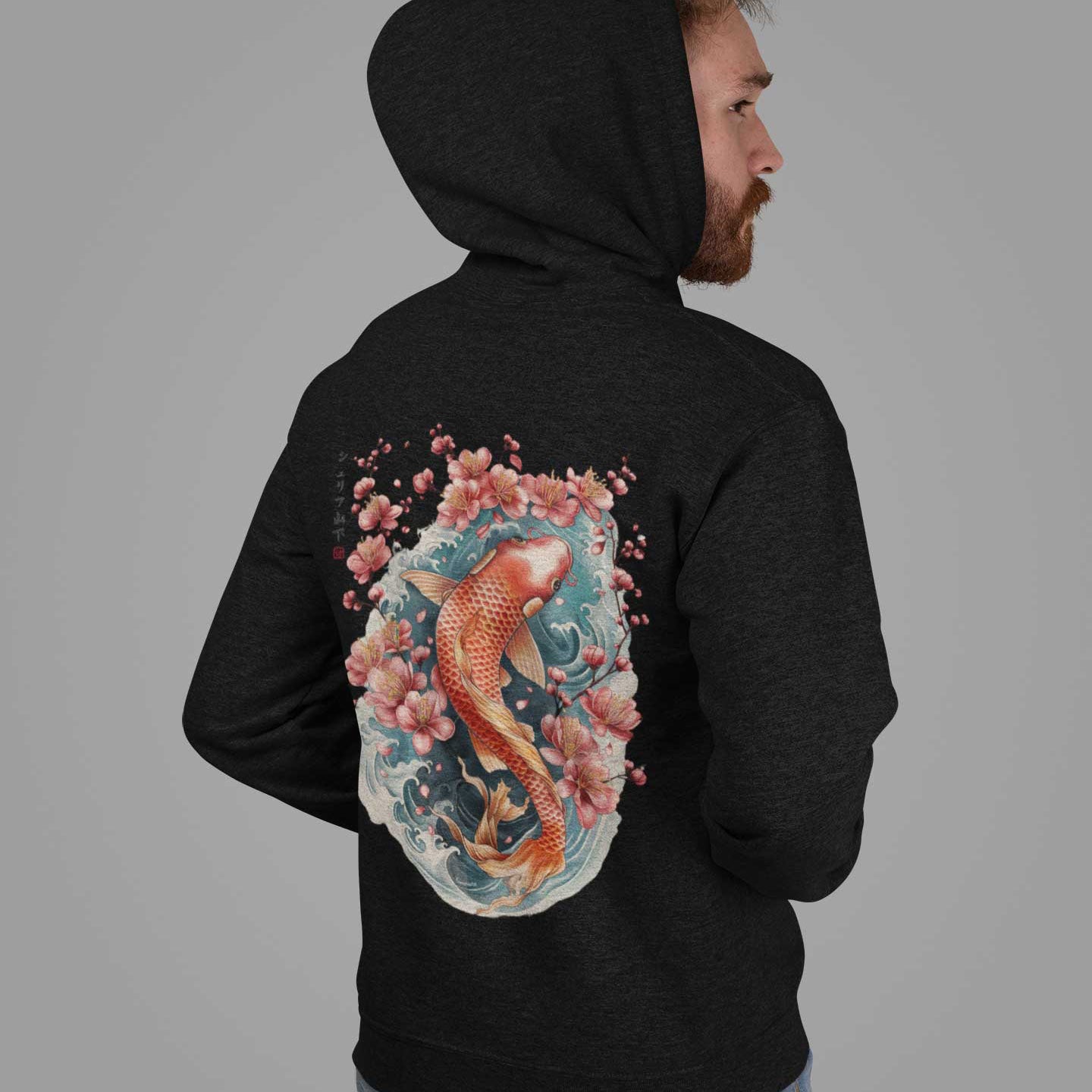 Japan Koi Hoodie Unisex Damen Herren im Tattoo-Style von YAMASHITA in schwarz - Motiv hinten