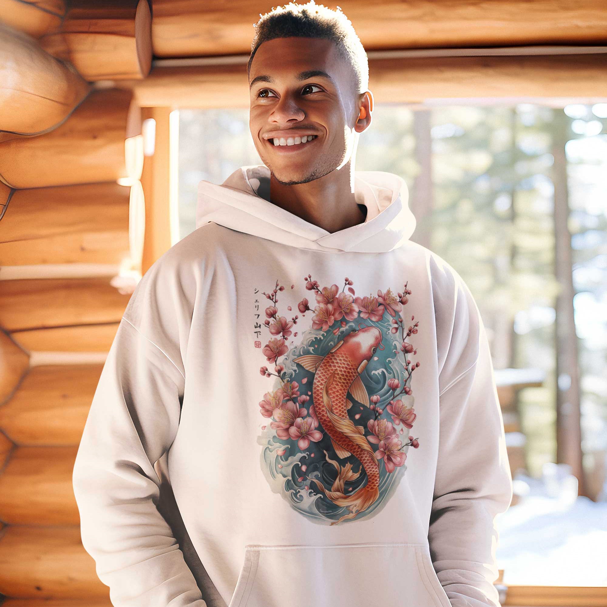 Japan Koi Hoodie Unisex Damen Herren im Tattoo-Style von YAMASHITA in off-white natur-weiss - Motiv vorne