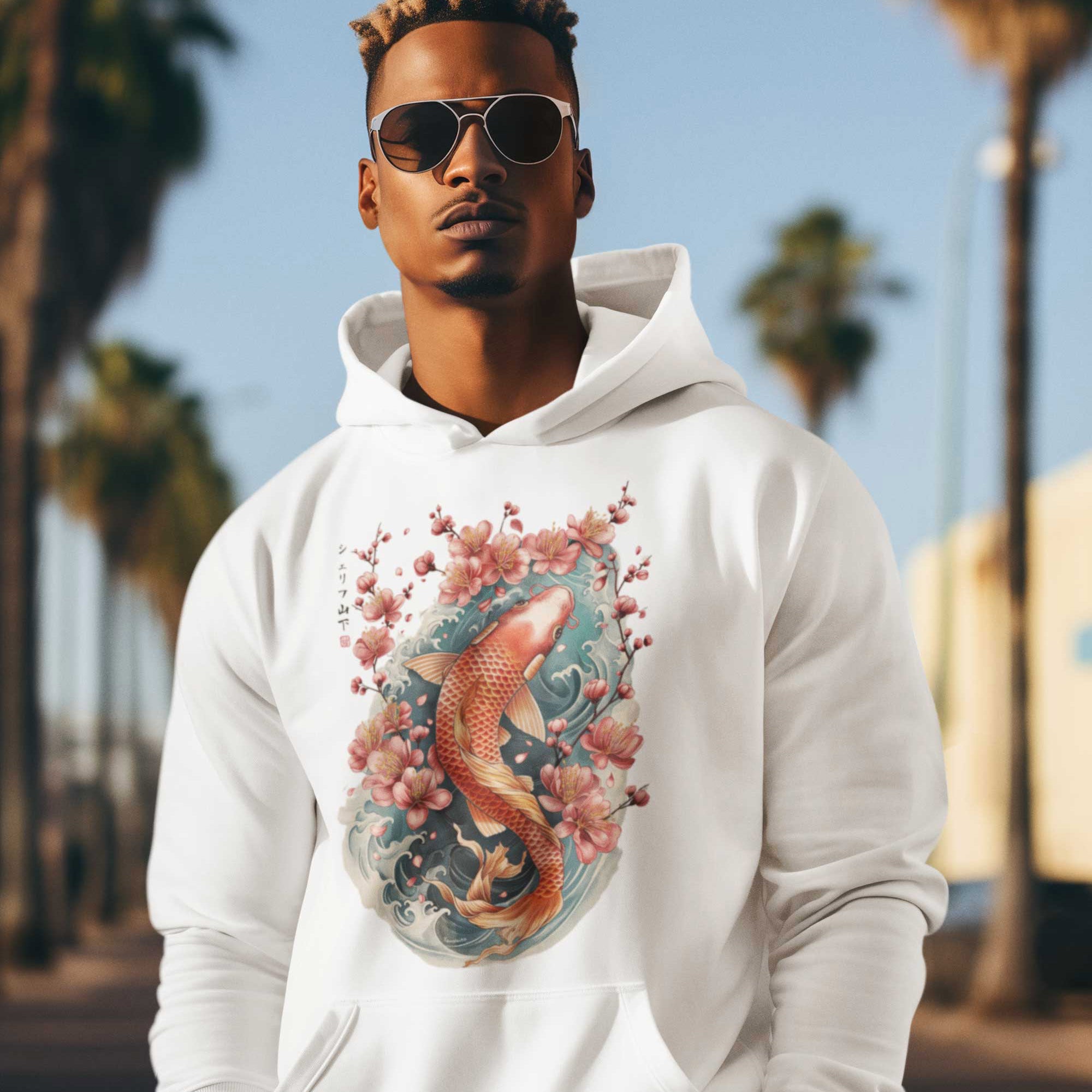 Japan Koi Hoodie Unisex Damen Herren im Tattoo-Style von YAMASHITA in off-white natur-weiss - Motiv vorne
