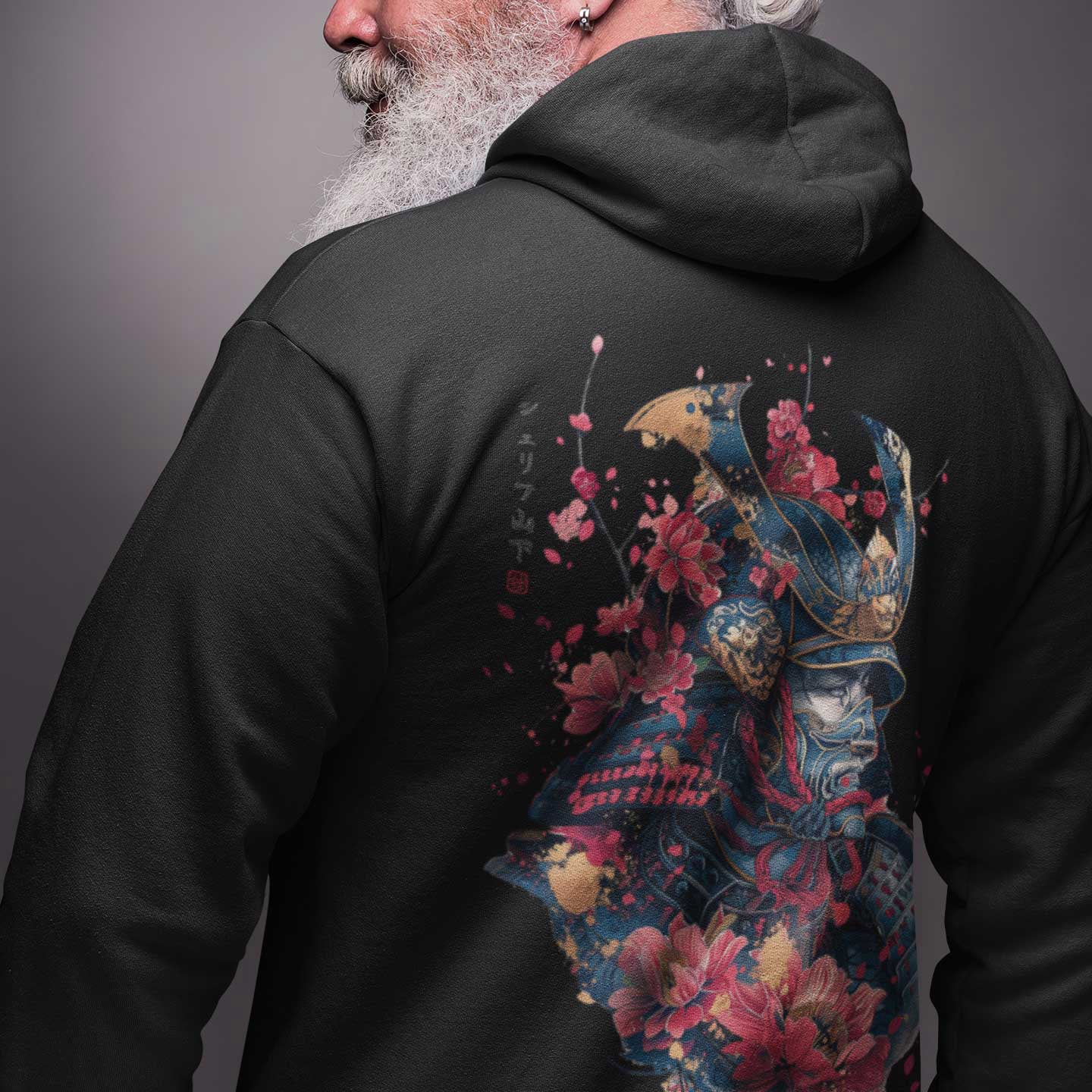 Japan Samurai Hoodie Unisex Damen Herren im Tattoo-Style von YAMASHITA in schwarz - Motiv hinten