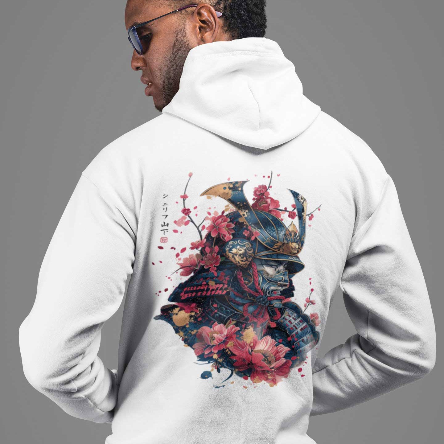 Japan Samurai Hoodie Unisex Damen Herren im Tattoo-Style von YAMASHITA in off-white natur-weiss - Motiv hinten