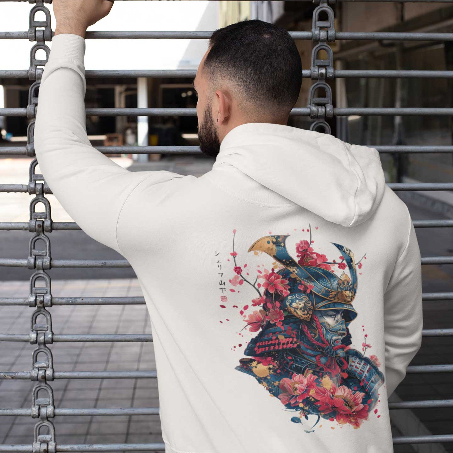 Japan Samurai Hoodie Unisex Damen Herren im Tattoo-Style von YAMASHITA in off-white natur-weiss - Motiv hinten