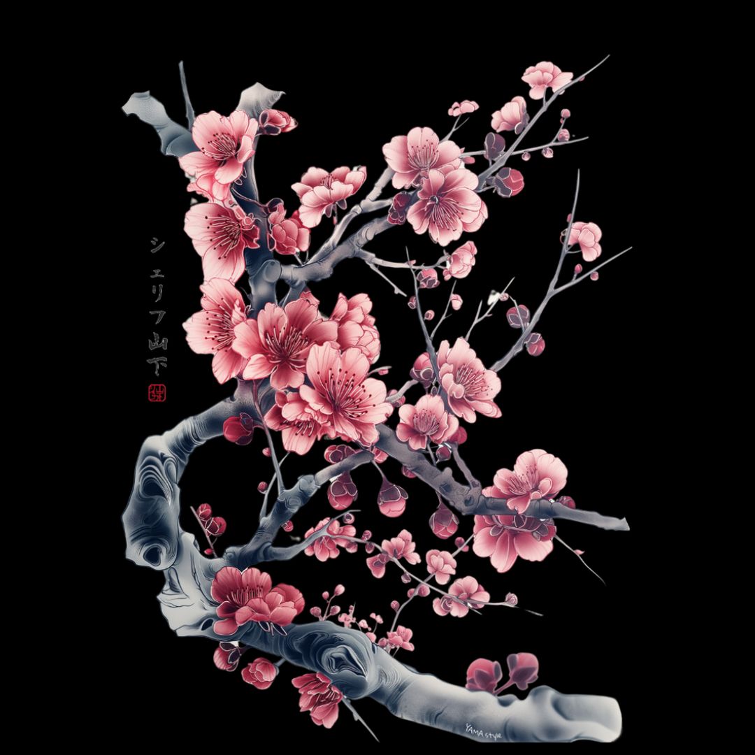 Japan Sakura Kirschblüten T-Shirt "Cherry Blossom" im Tattoo-Style von YAMASHITA für Kinder in weiss