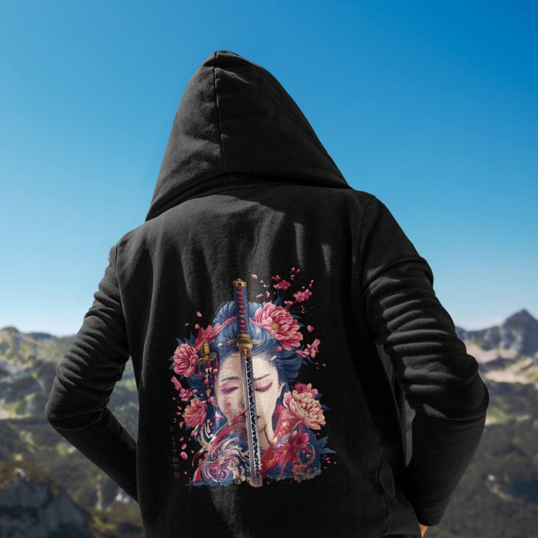 GEISHA & KATANA – Visible Sign Hoodie (Unisex, Schwarz, Backprint) | YAMASHITA
