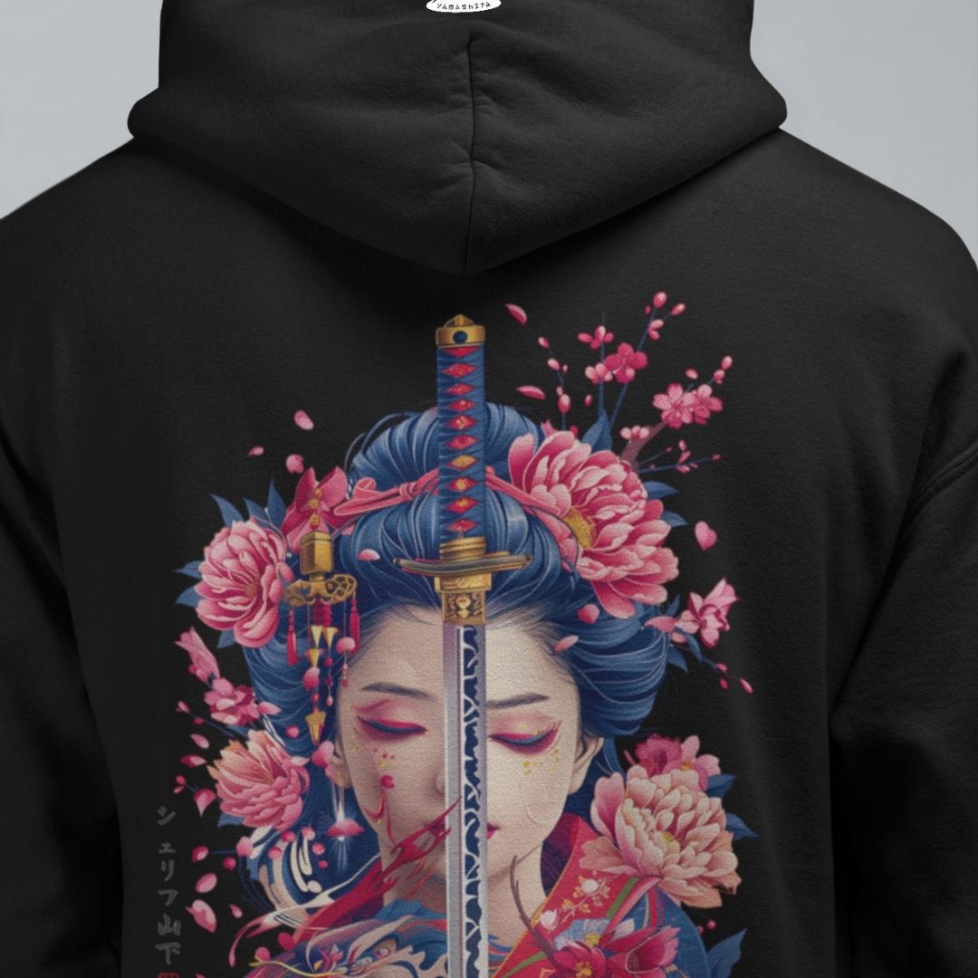 GEISHA & KATANA – Visible Sign Hoodie (Unisex, Schwarz, Backprint) | YAMASHITA