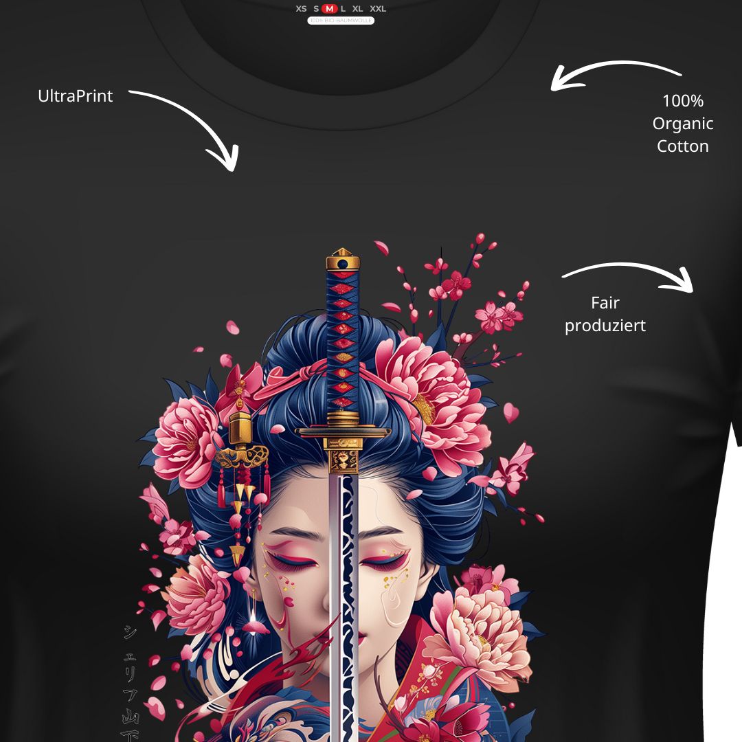 GEISHA & KATANA – Visible Sign T-Shirt (Damen, Schwarz) | YAMASHITA