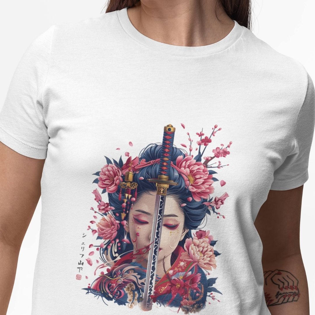 GEISHA & KATANA – Visible Sign T-Shirt (Damen, Weiß) | YAMASHITA