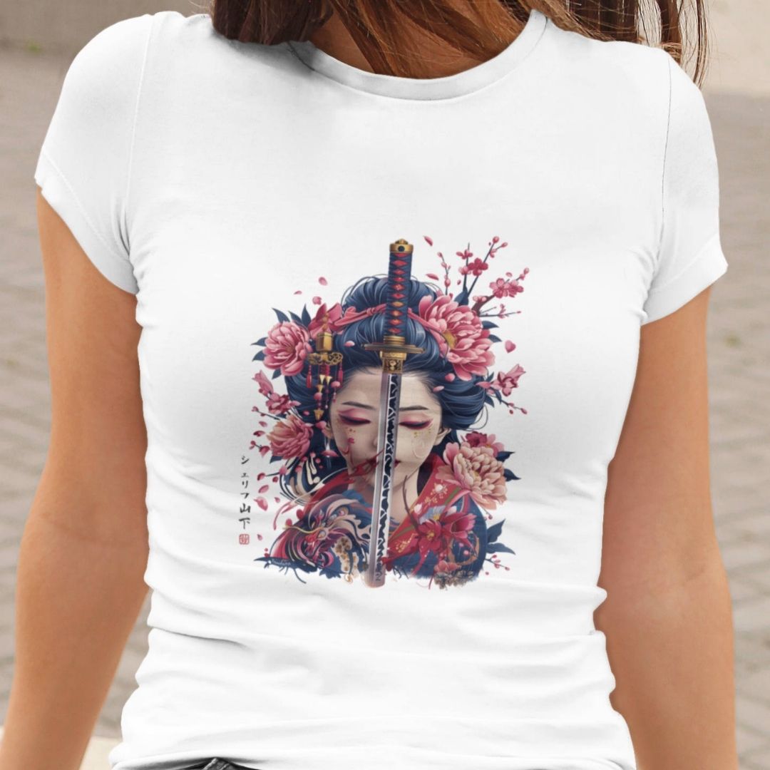 GEISHA & KATANA – Visible Sign T-Shirt (Damen, Weiß) | YAMASHITA