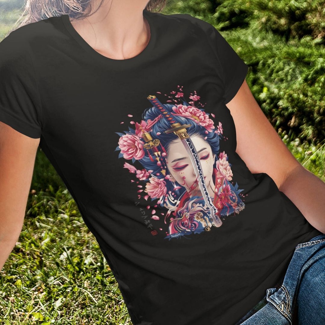 GEISHA & KATANA – Visible Sign T-Shirt (Damen, Schwarz) | YAMASHITA