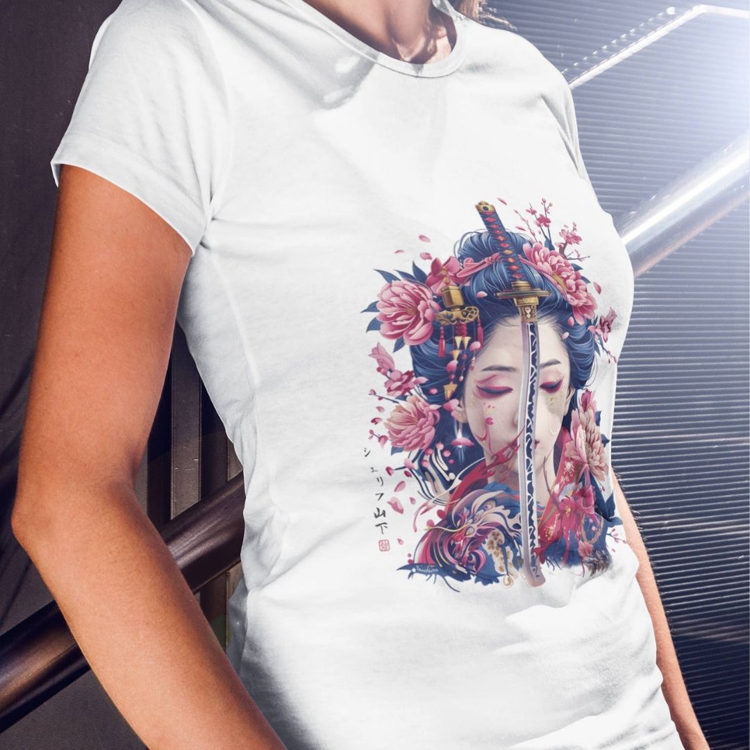 GEISHA & KATANA – Visible Sign T-Shirt (Damen, Weiß) | YAMASHITA