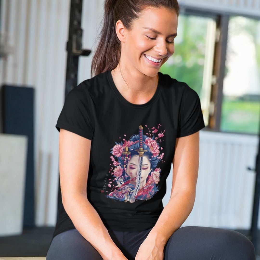 GEISHA & KATANA – Visible Sign T-Shirt (Damen, Schwarz) | YAMASHITA