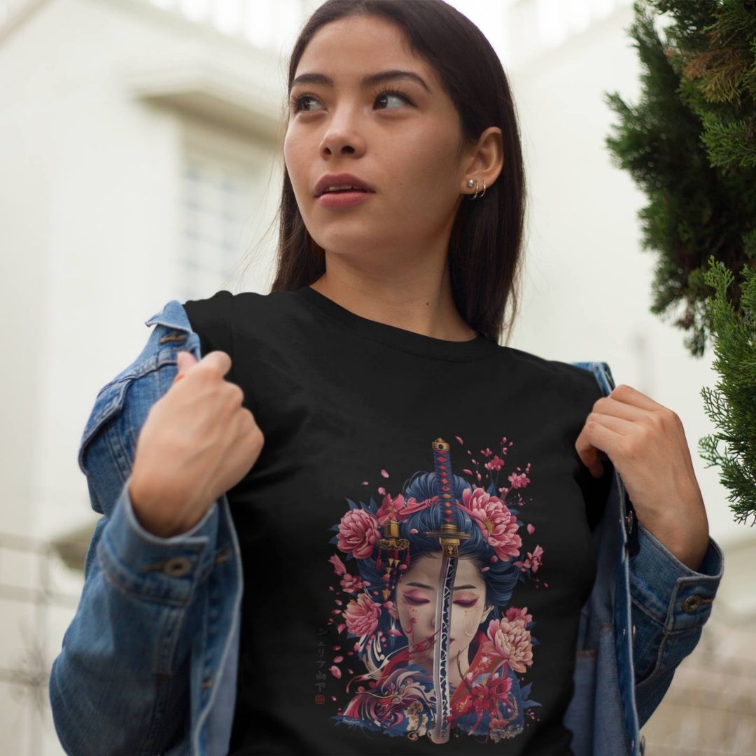 GEISHA & KATANA – Visible Sign T-Shirt (Damen, Schwarz) | YAMASHITA