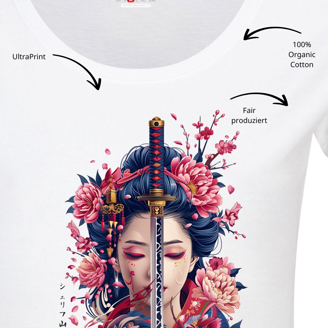 GEISHA & KATANA – Visible Sign T-Shirt (Damen, Weiß) | YAMASHITA