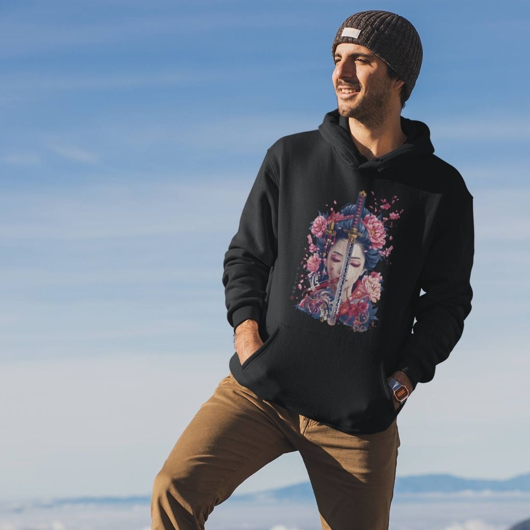 GEISHA & KATANA – Visible Sign Hoodie (Unisex, Schwarz, Frontprint) | YAMASHITA
