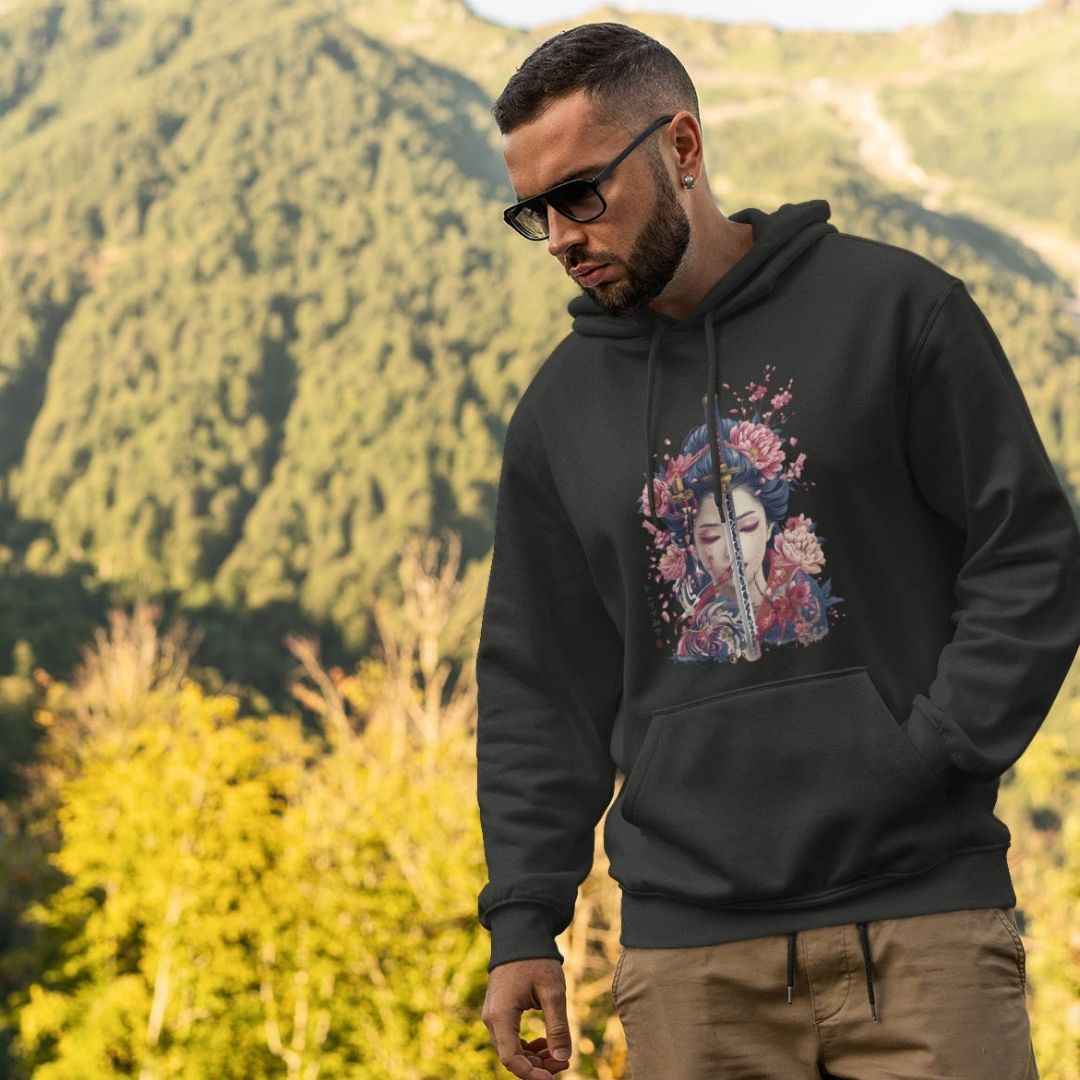 GEISHA & KATANA – Visible Sign Hoodie (Unisex, Schwarz, Frontprint) | YAMASHITA