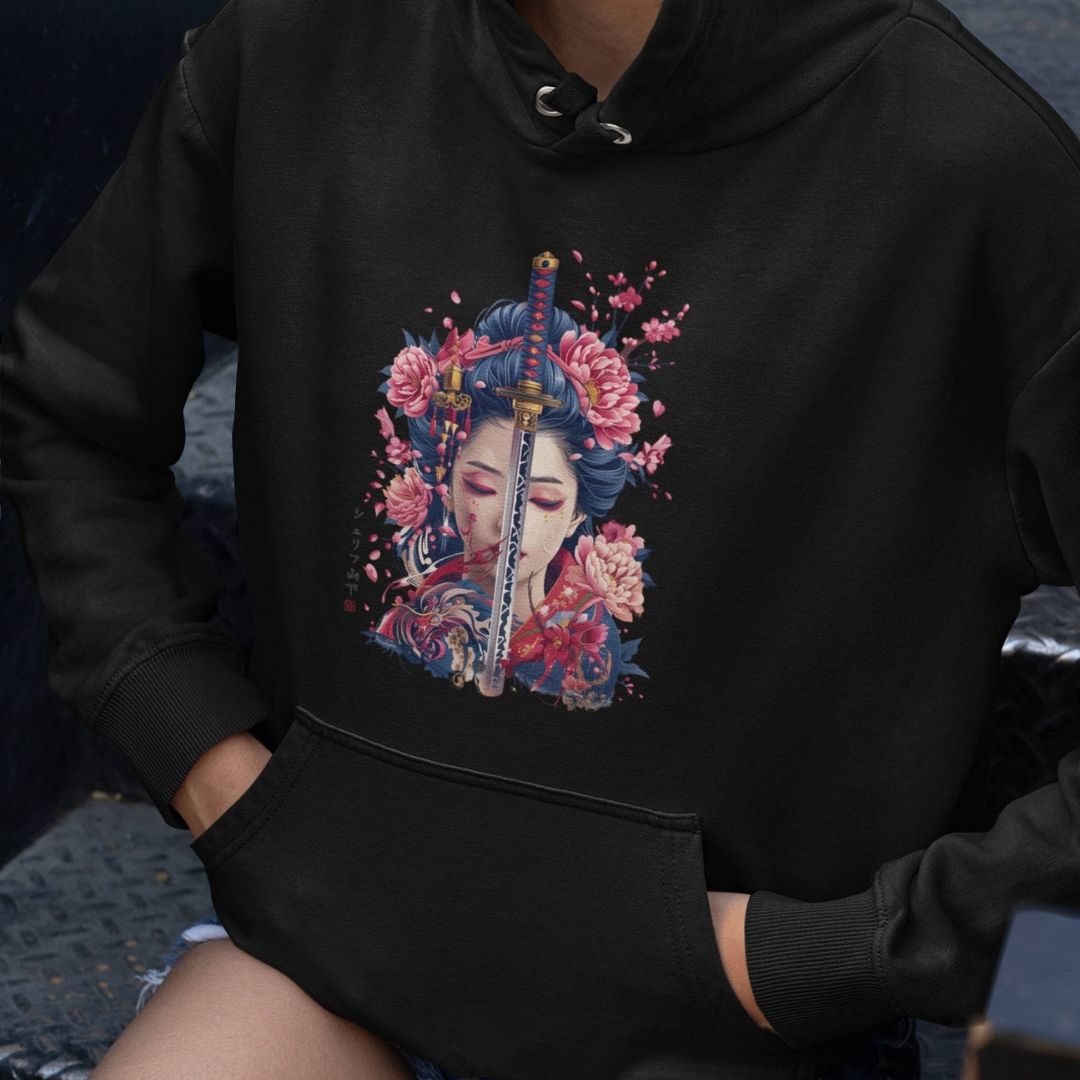 GEISHA & KATANA – Visible Sign Hoodie (Unisex, Schwarz, Frontprint) | YAMASHITA