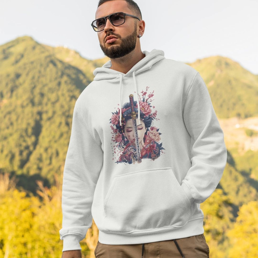 GEISHA & KATANA – Visible Sign Hoodie (Unisex, Off-White, Frontprint) | YAMASHITA