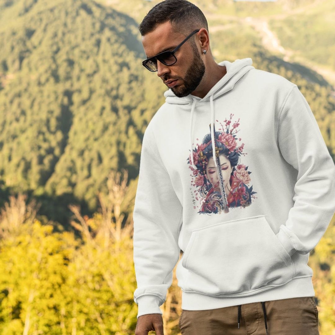 GEISHA & KATANA – Visible Sign Hoodie (Unisex, Off-White, Frontprint) | YAMASHITA