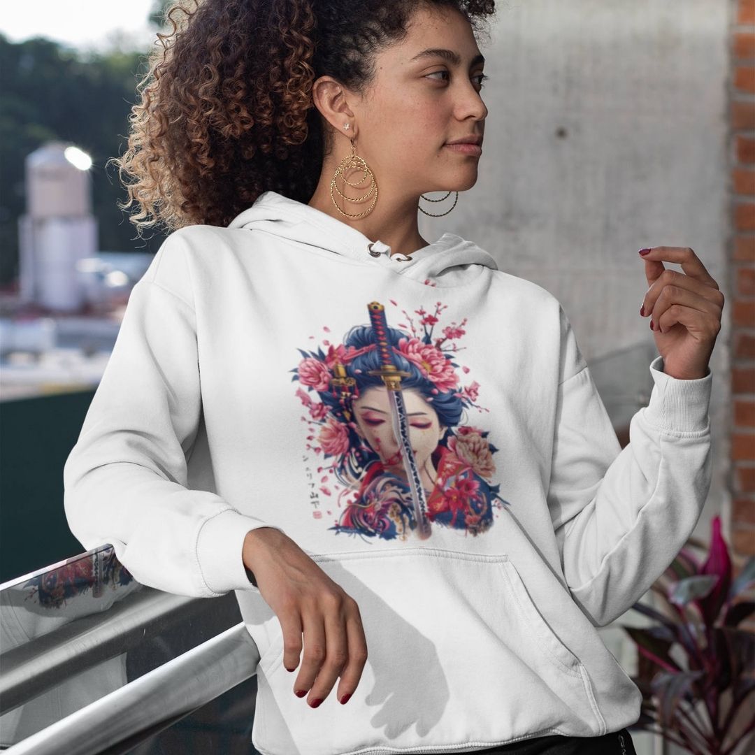 GEISHA & KATANA – Visible Sign Hoodie (Unisex, Off-White, Frontprint) | YAMASHITA