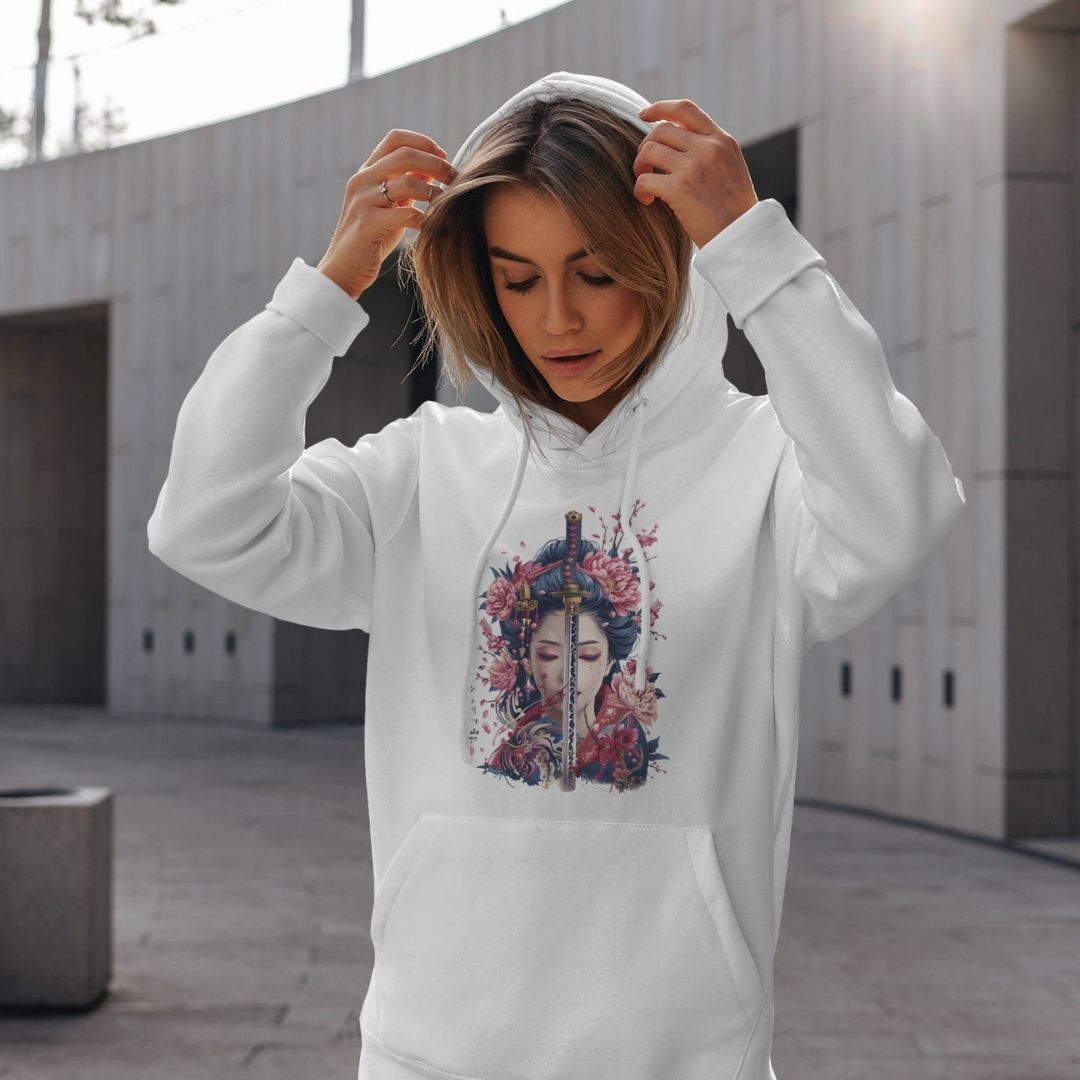 GEISHA & KATANA – Visible Sign Hoodie (Unisex, Off-White, Frontprint) | YAMASHITA